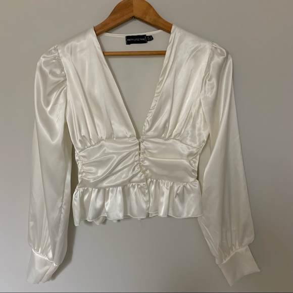 White Satin Ruched Button Waist Blouse - Picture 5 of 11